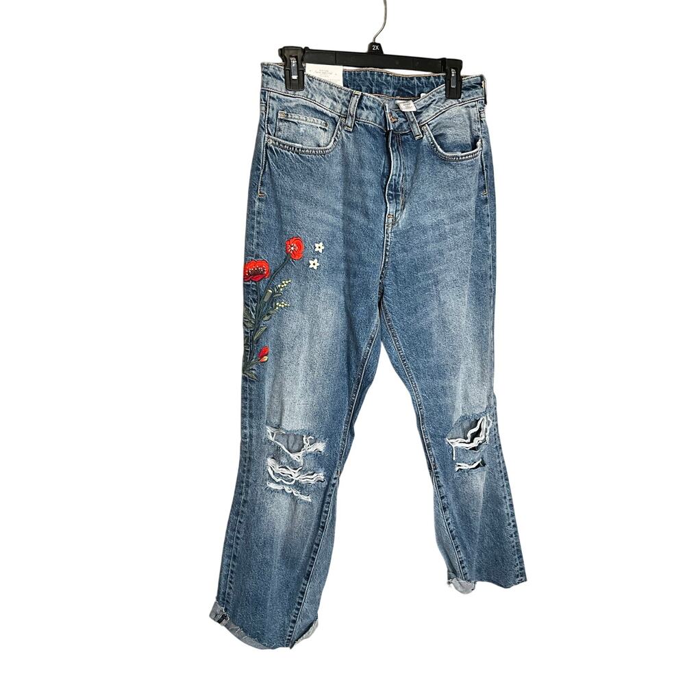 H&M Kick Flare Jeans High Waistâ Embroidered Distressed Denim Blue Size 31 NWT